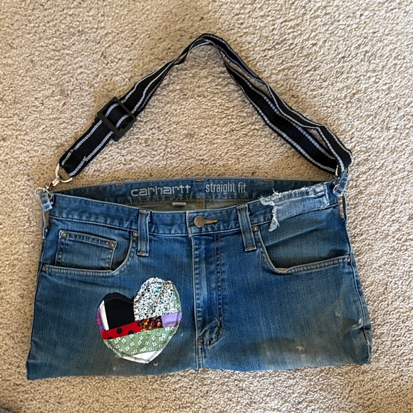 Handmade Upcycled Reworked Carhartt Blue Denim Bag with Heart Patch - Picture 2 of 12